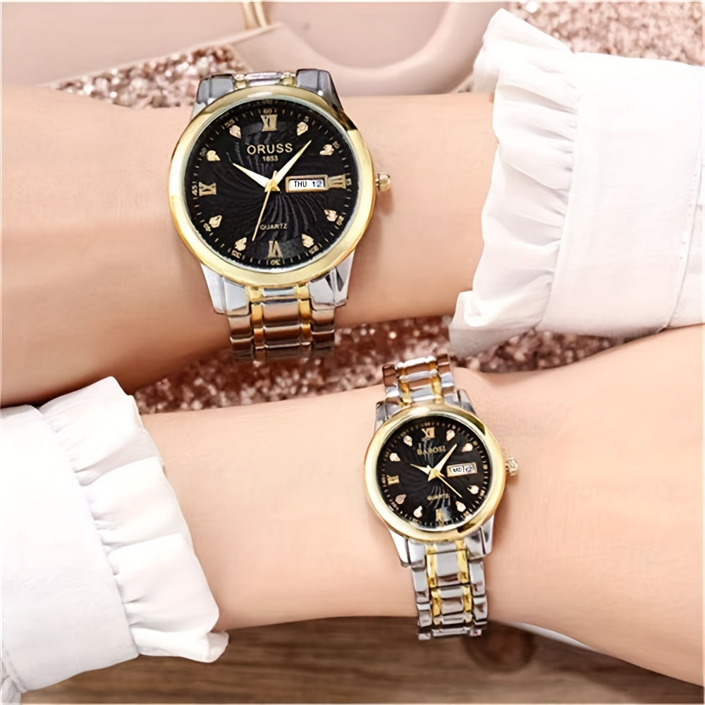 2pcs Luxury Couples Quartz Watch Business Leisure Fashion Analog Calendar Wrist Watch Valentines Gift For Men Women Date Watch
