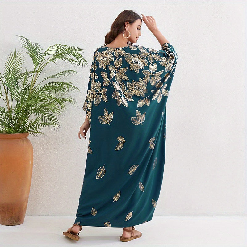 Leaf Print Crew Neck Kaftan, Elegant Batwing Sleeve'/MH