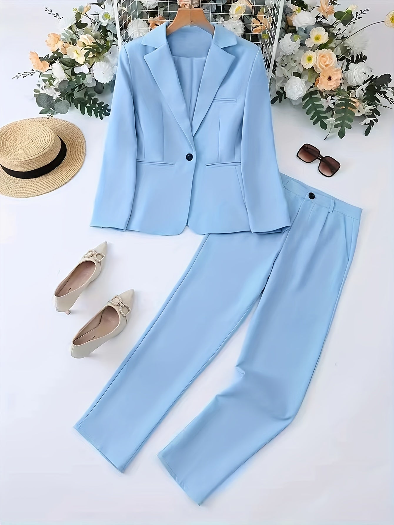 Plain Color Elegant Suit Set, Single Breasted Long Sleeve Blazer .