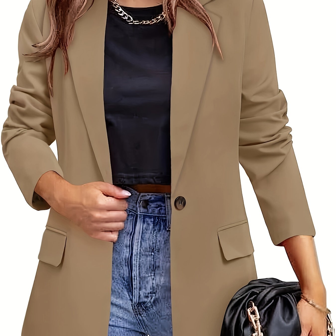 Solid Color Single Breasted Blazer, Elegant Long Sleeve Outwear .