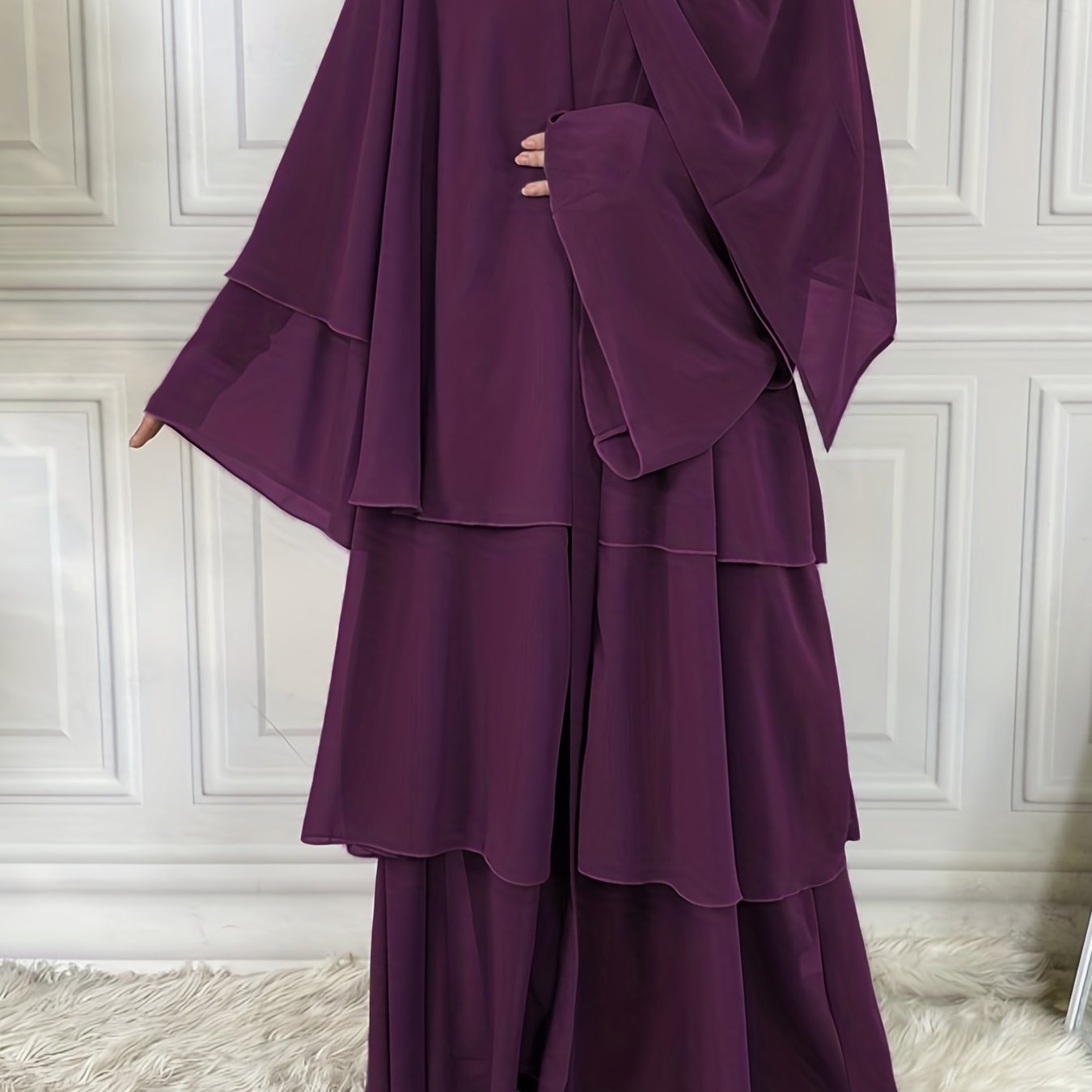 Layered Open Front Modest Dress, Long Sleeve Muslim Dress'/MH