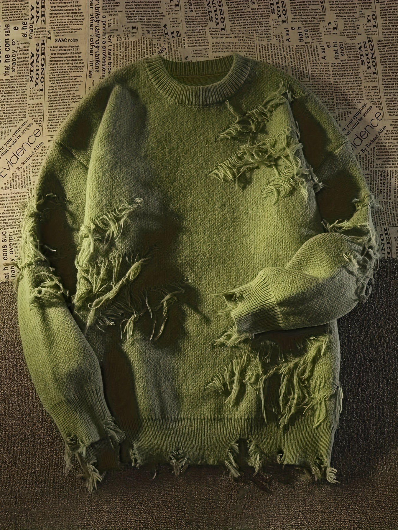 Solid Color Crew Neck Pullover Sweater, Casual Ripped Tassel Long Sleeve.