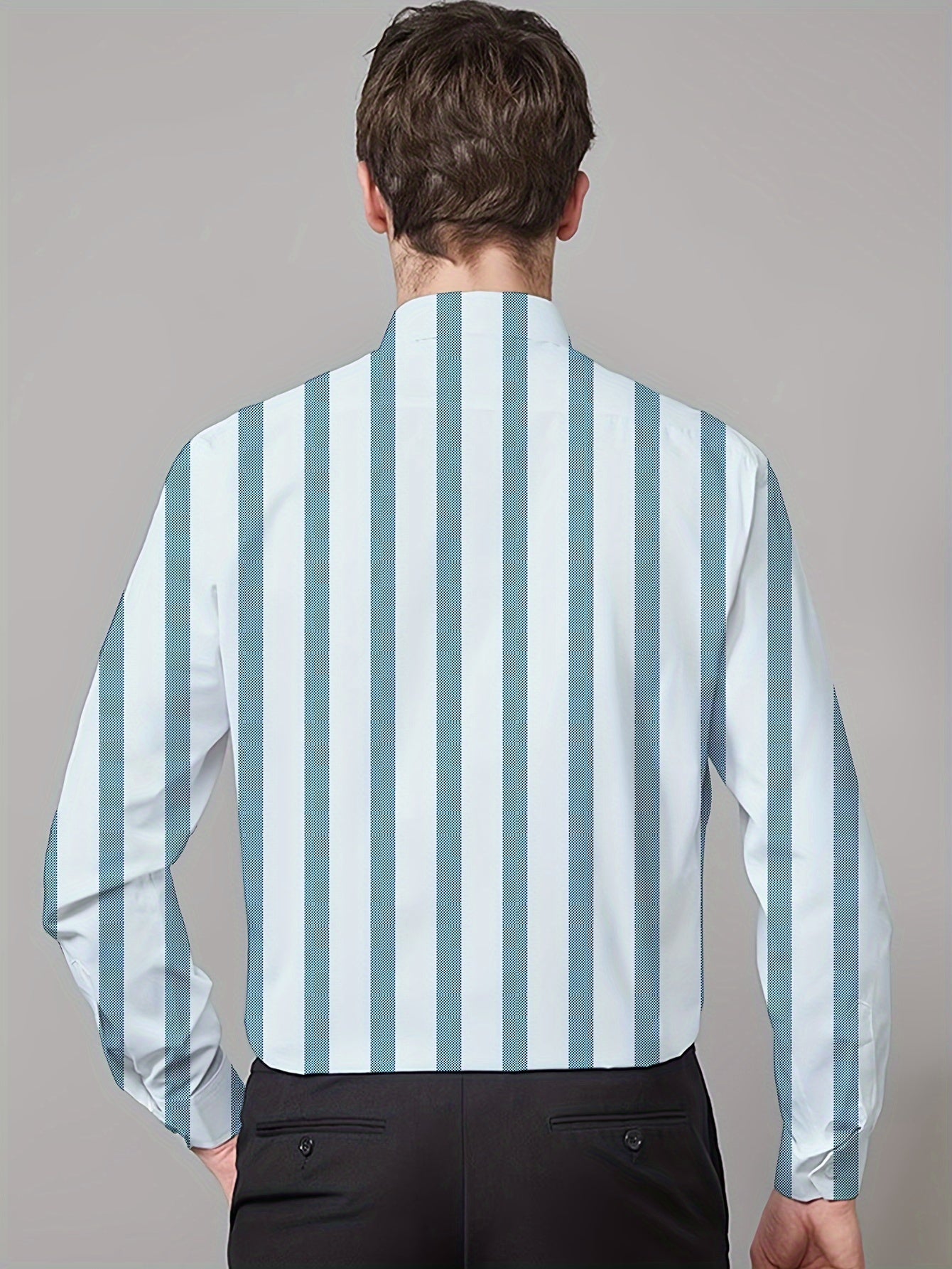 Men's Striped Lapel Collar Dress Shirts, Long Sleeve .