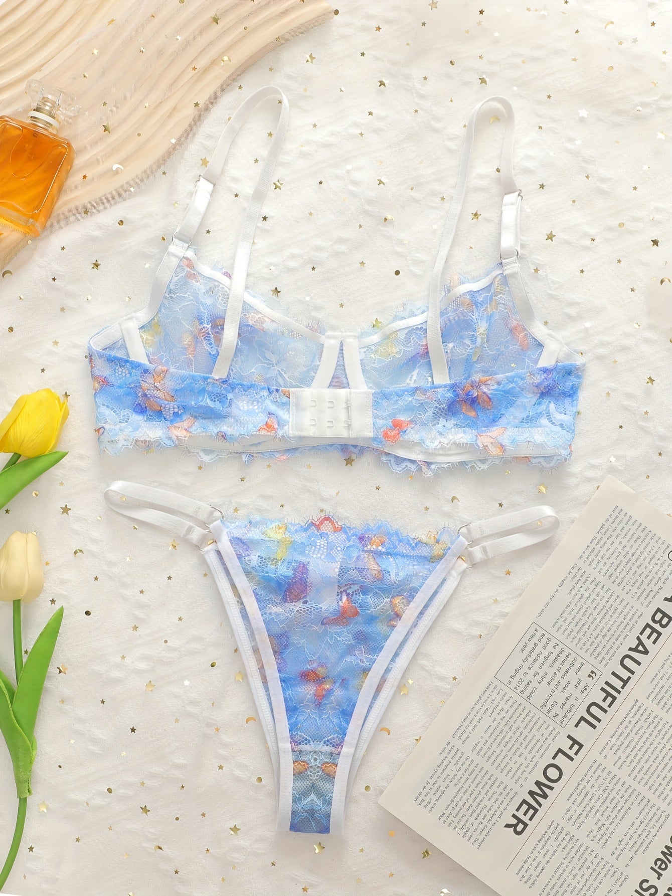 Sexy Lingerie Set, Floral Embroidery Semi Sheer Cami Bra & Panties, /MH