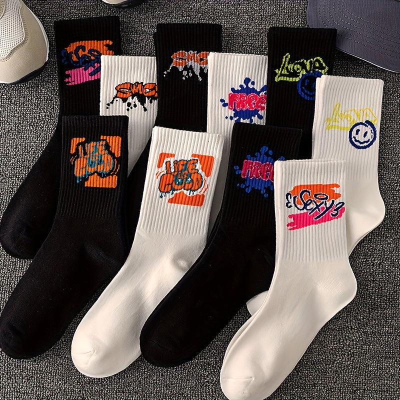 10 Pairs Graffiti Print Socks, Street Style Soft Unisex Mid Tube Socks./MH