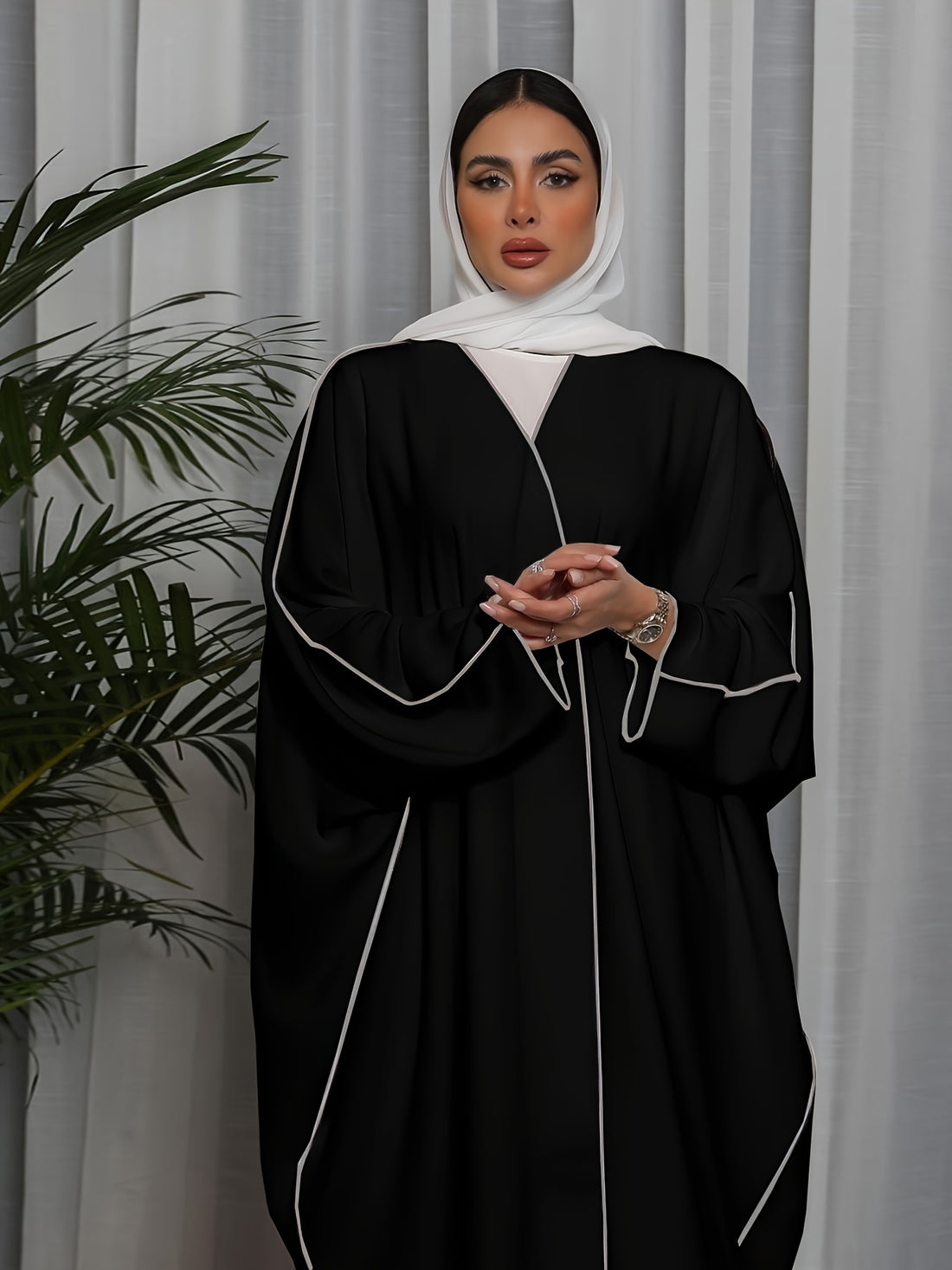 Solid Crew Neck Long Sleeve Kaftan Dress, /MH