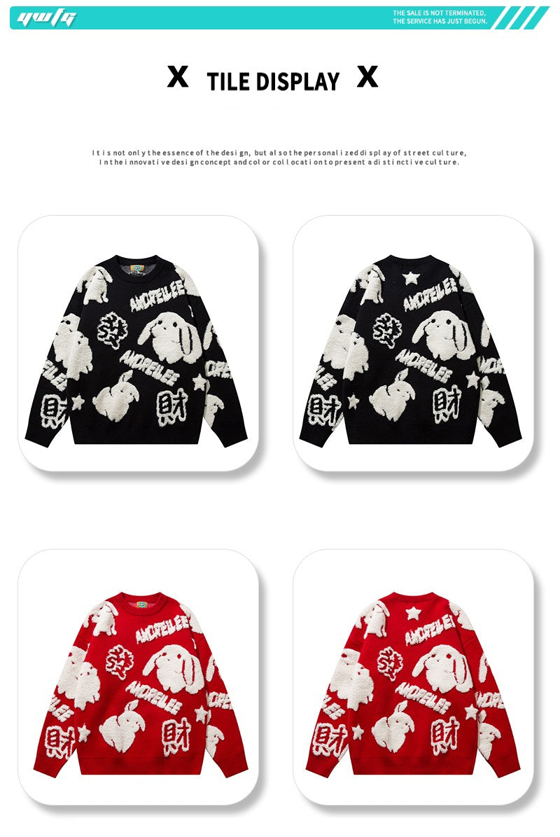 YWFG Cute Knitted Cute Rabbit & Wealth Chenille Embroidery Sweater,