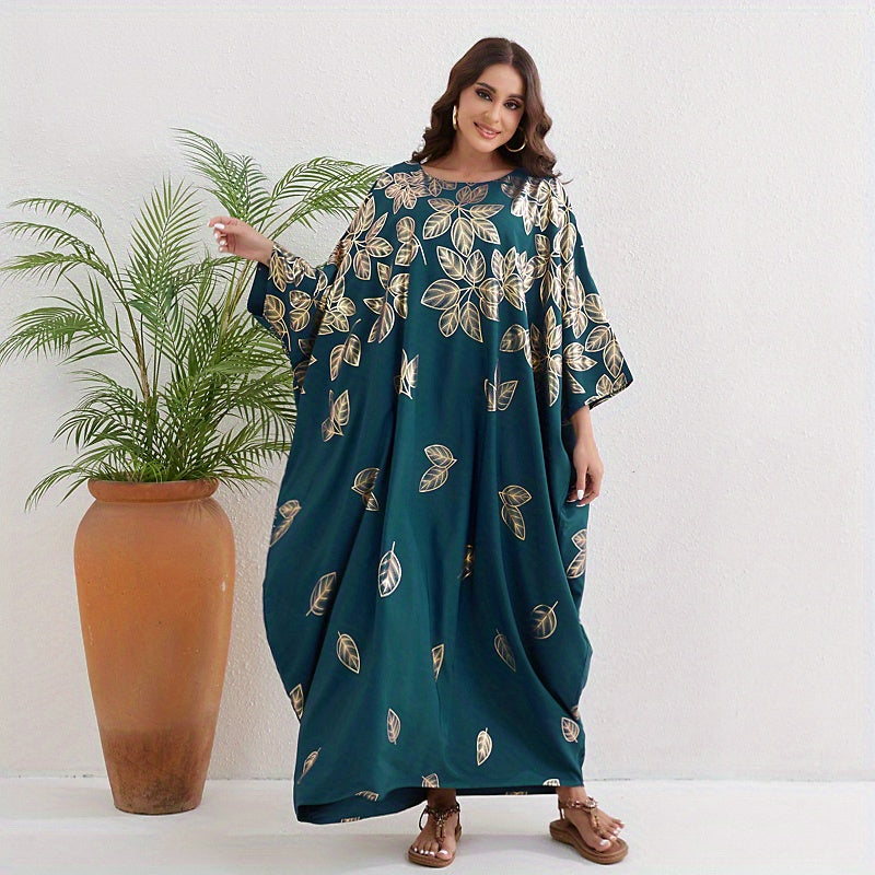 Leaf Print Crew Neck Kaftan, Elegant Batwing Sleeve'/MH