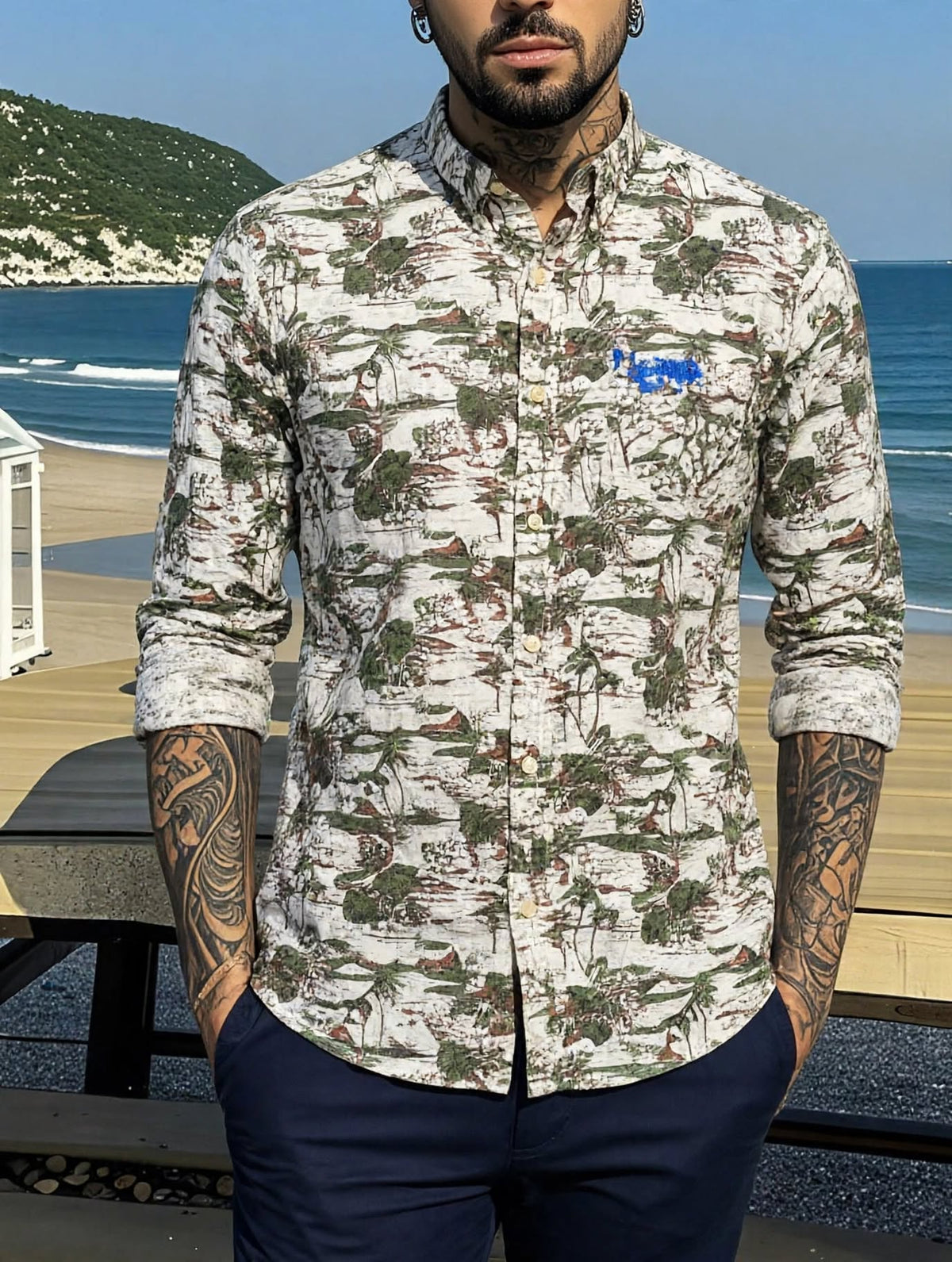 Men's Sage Green Urban Landscape Print Shirt | MH