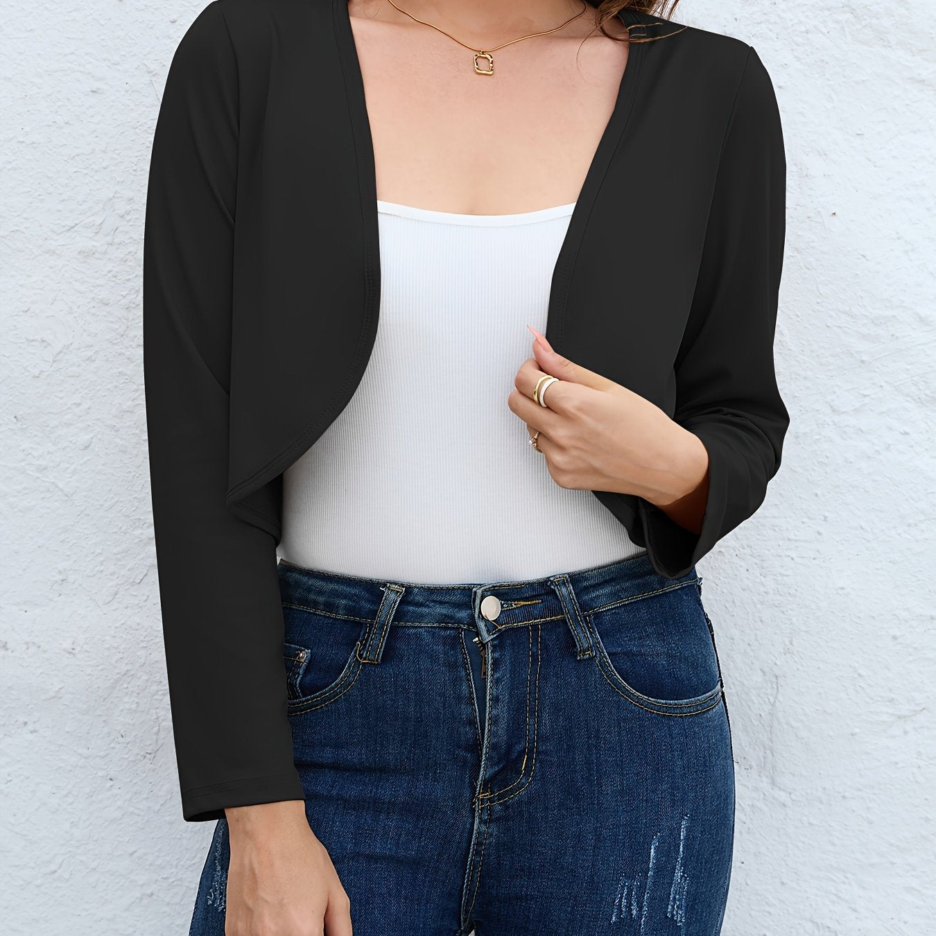 Solid Open Front Blazer, Casual Long Sleeve Crop Blazer For Work,