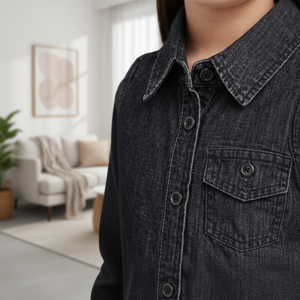 Kids Girls Indigo Denim Button-Down Collar Top,Sizes(2-12Years) | MH