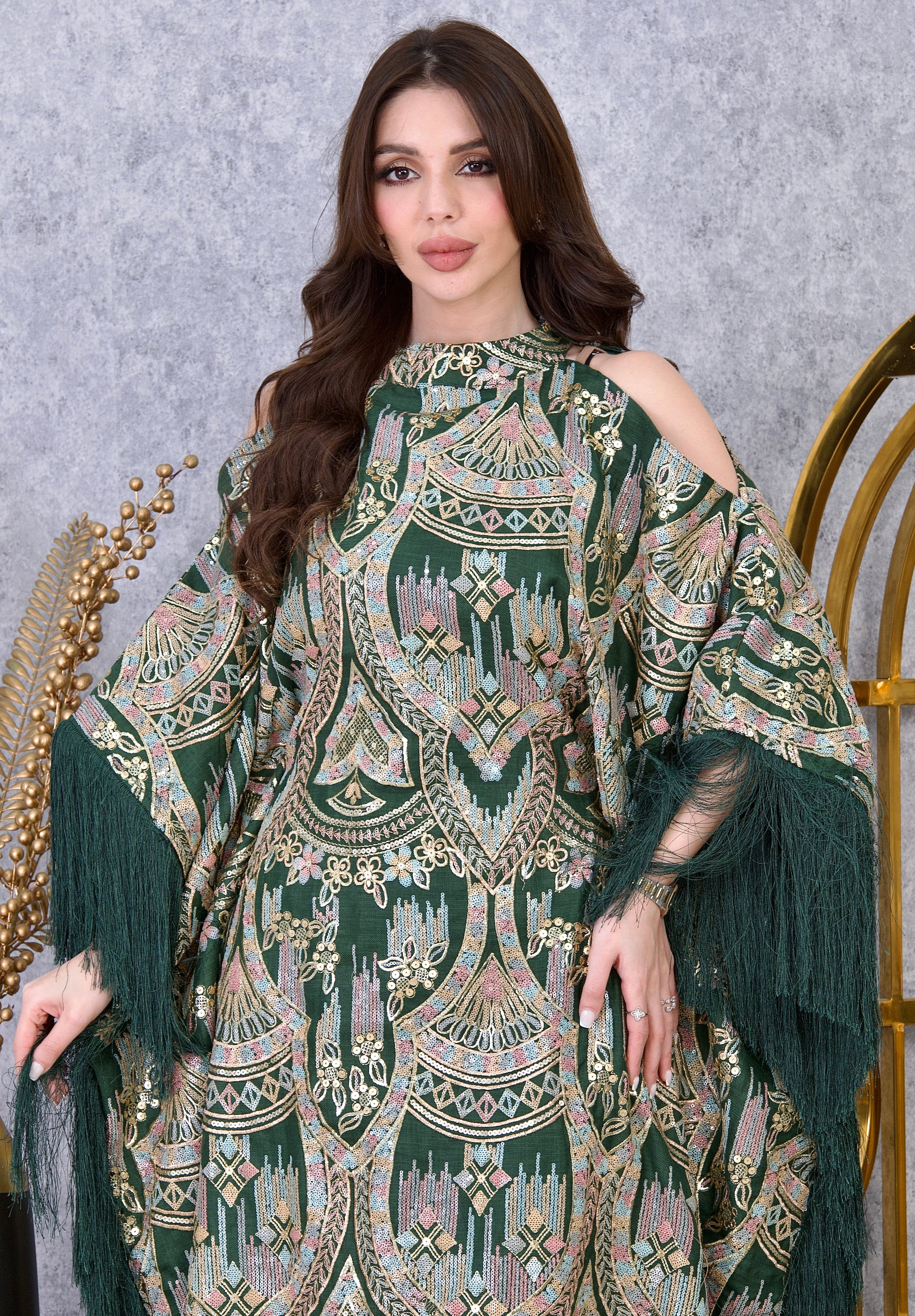 Royal Embroidered Kaftan Dress with Fringe Sleeves | Luxury Evening Abaya UAE | 4 Colors | Sizes M-XXL | MH