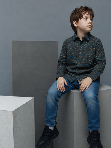 Boys Dark Charcoal Blue & Gold Feather Scatter Print Long Sleeve Shirt | Smart Casual | Ages 3–14 Years | MH