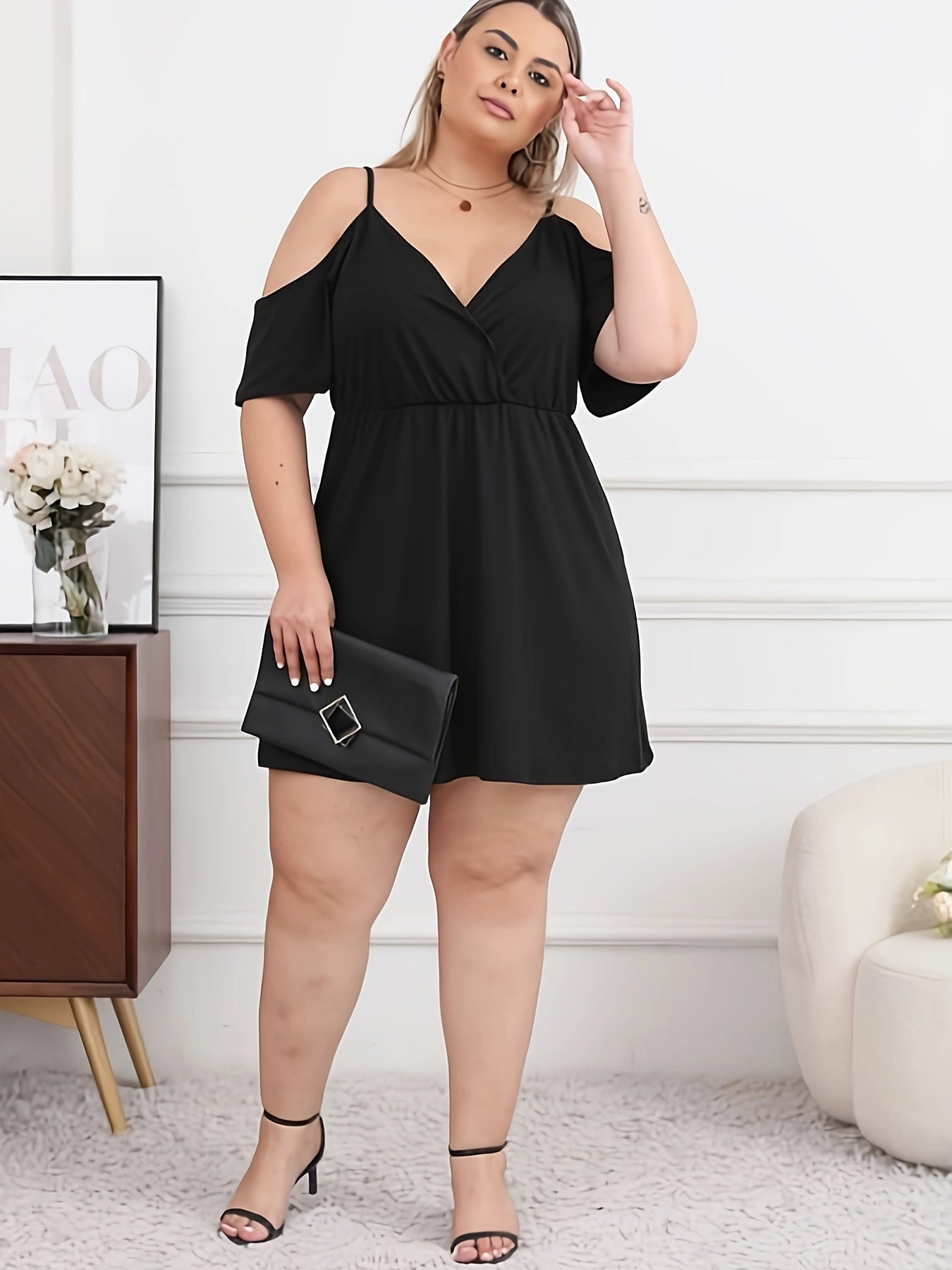 Plus Size Solid Cinched Waist Cold Shoulder Dress,/MH