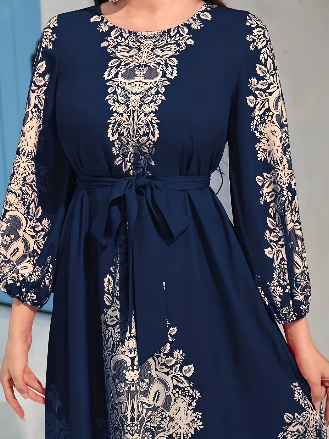 Graphic Print Tie Waist Kaftan Dress, /MH