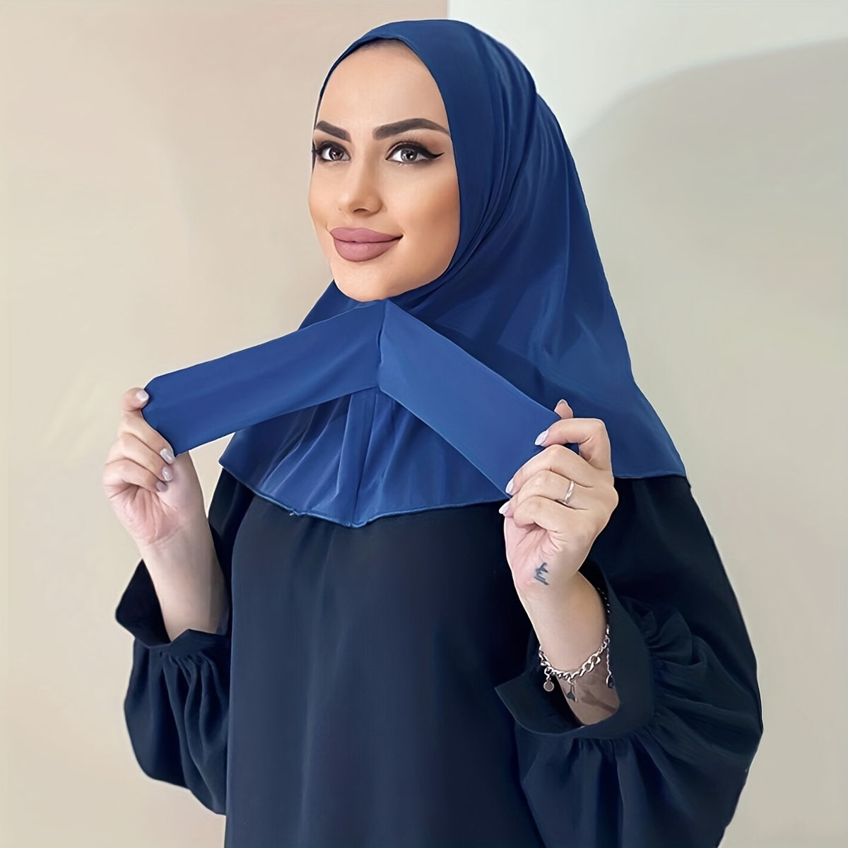 Solid Color Hijab Snap Button Adjustable Headscarf Casual Elastic '/MH