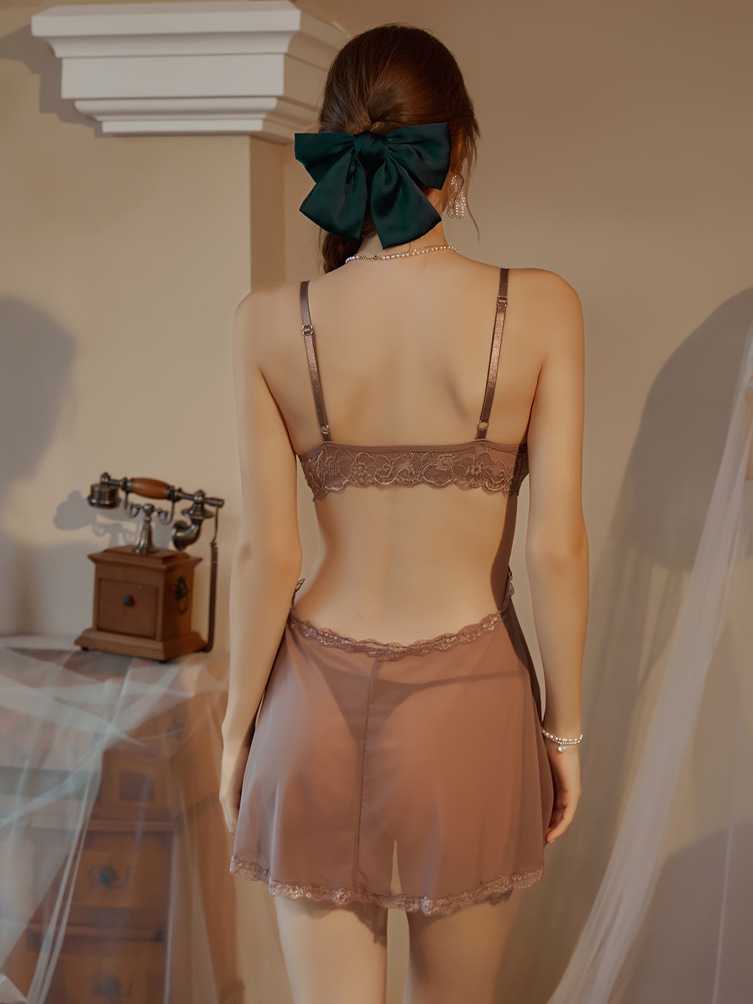 Hot Contrast Lace Dress, V Neck Backless Hollow Out Babydoll, /MH