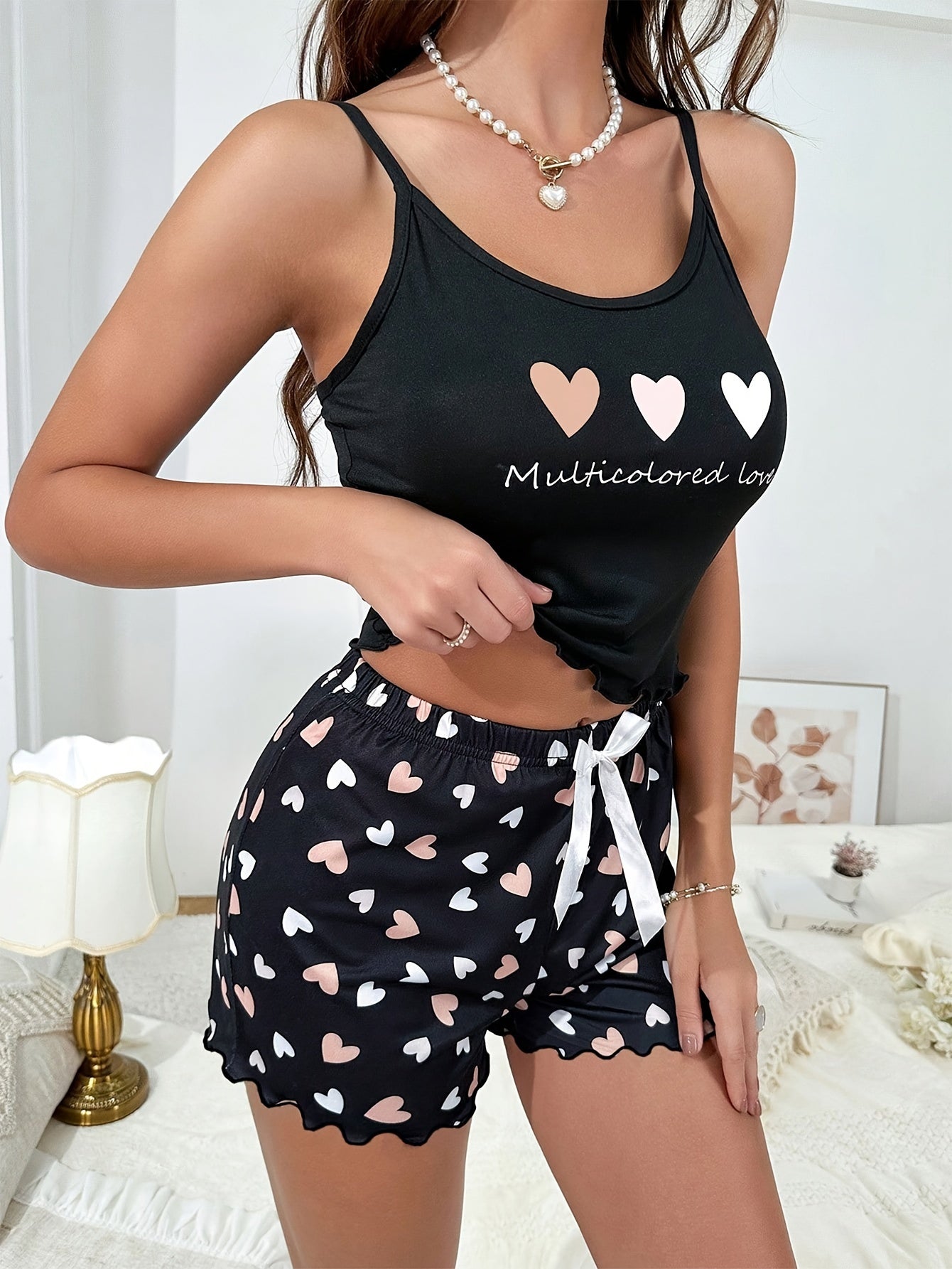 Heart & Letter Print Pajama Set,
