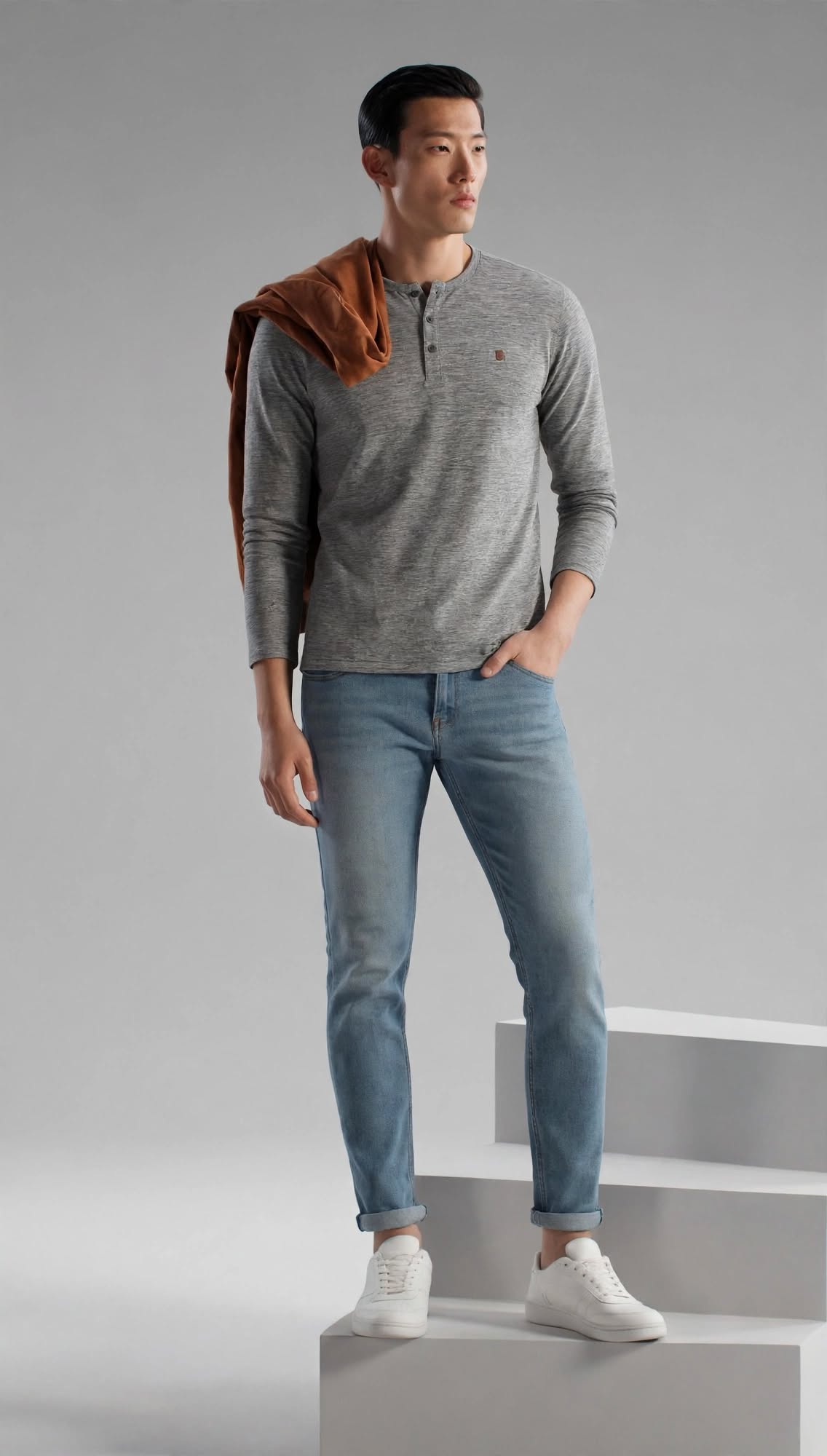 Men’s 4-Button Henley Long Sleeve T-Shirt – Dark Grey Heather | Sizes S-XXL | MH