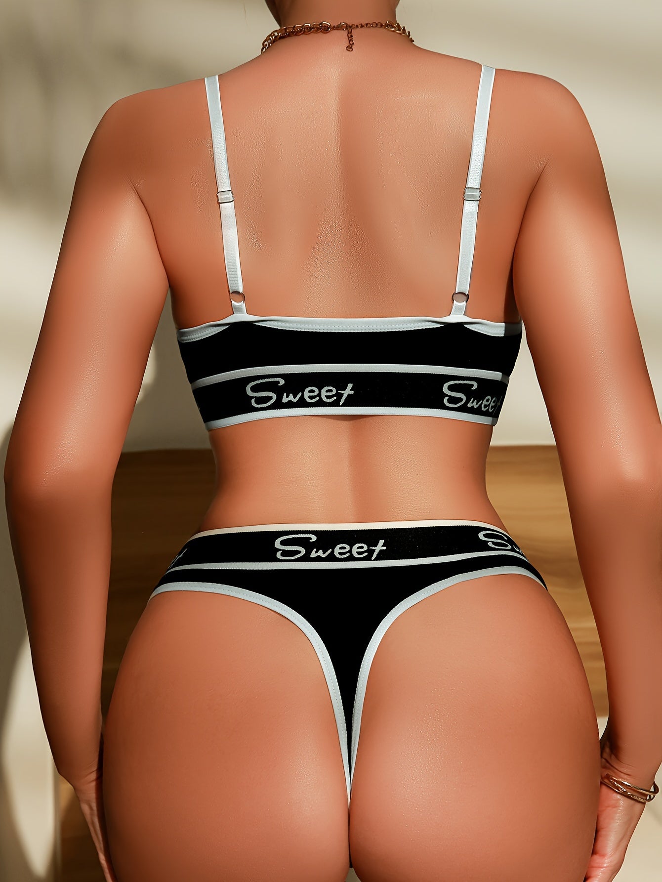 1 Set Contrast Letter Tape Bra & Briefs, Breathable V-neck Bra & Pant'/MH