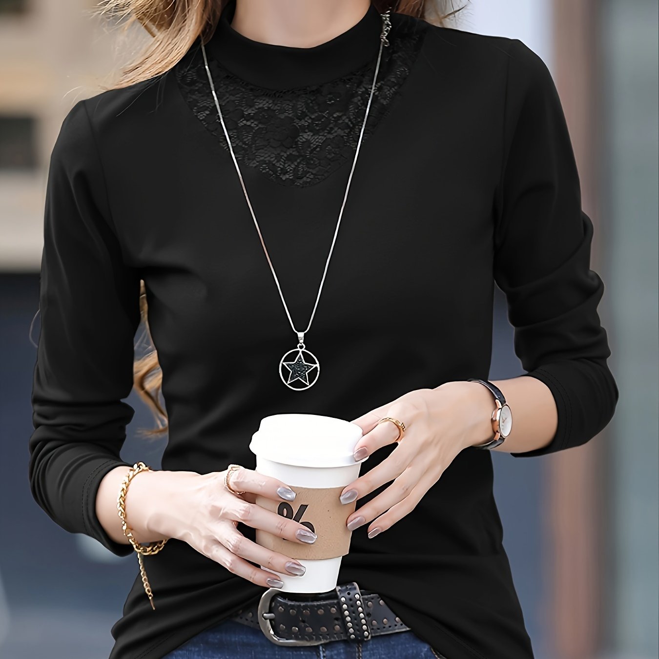 Women's Contrast Lace Trim Round Neck T-Shirt .