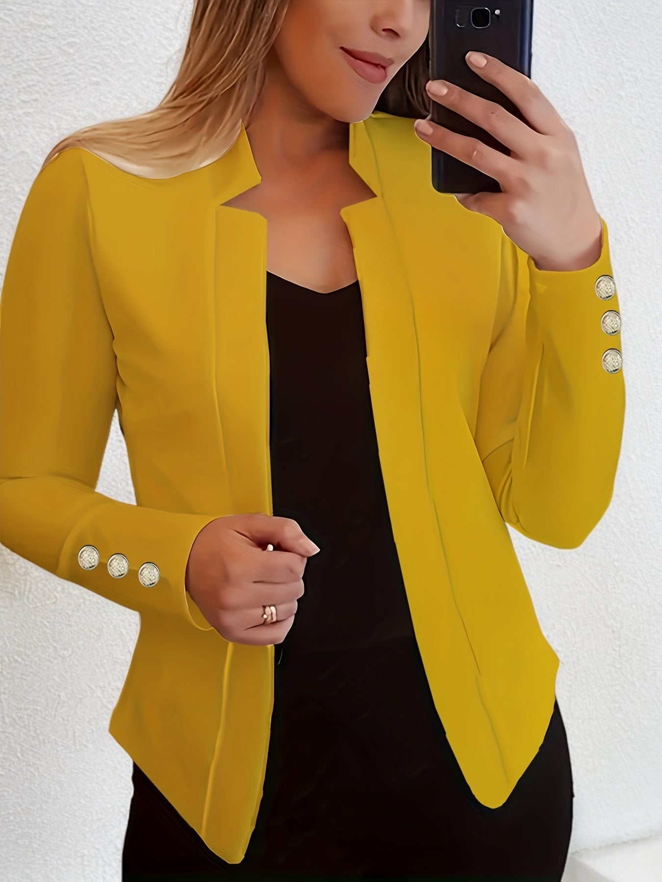 Solid Open Front Button Decor Blazer, Elegant Long Sleeve Blazer.