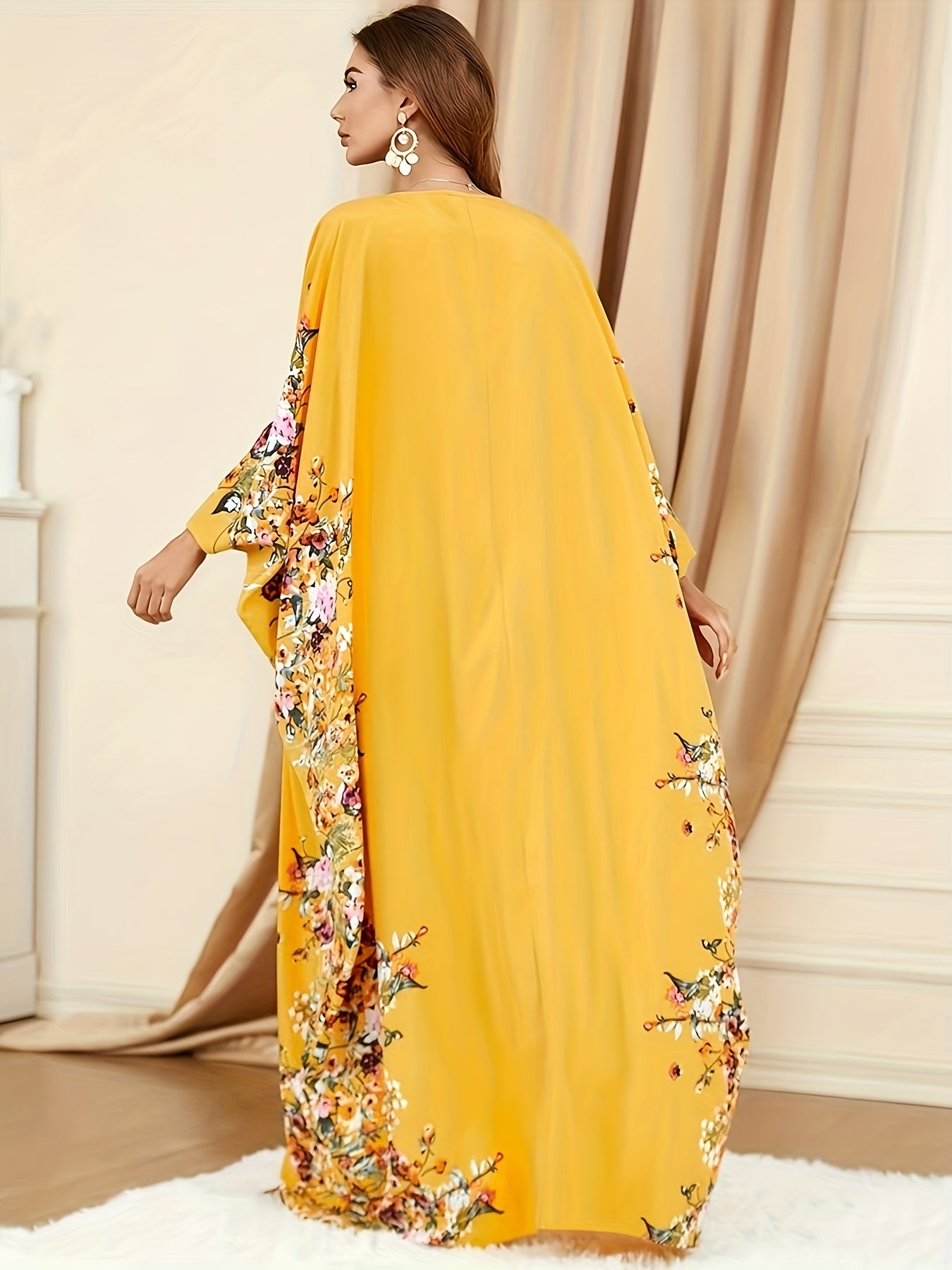 Floral Print Crew Neck Kaftan, Elegant Batwing Sleeve'/MH
