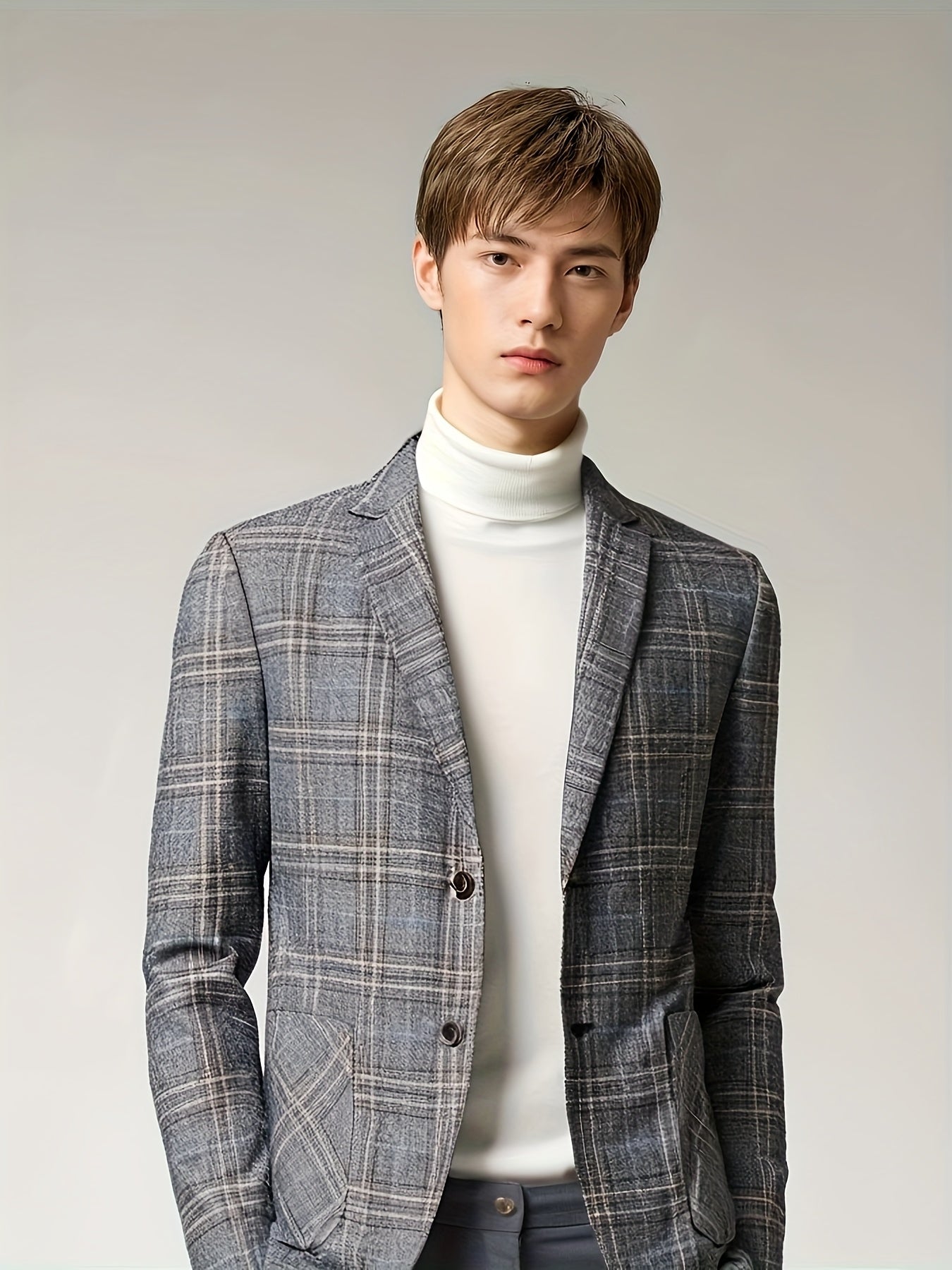 Men'S Checked Pattern Blazer with Pockets - Formal Two-Button Lapel,