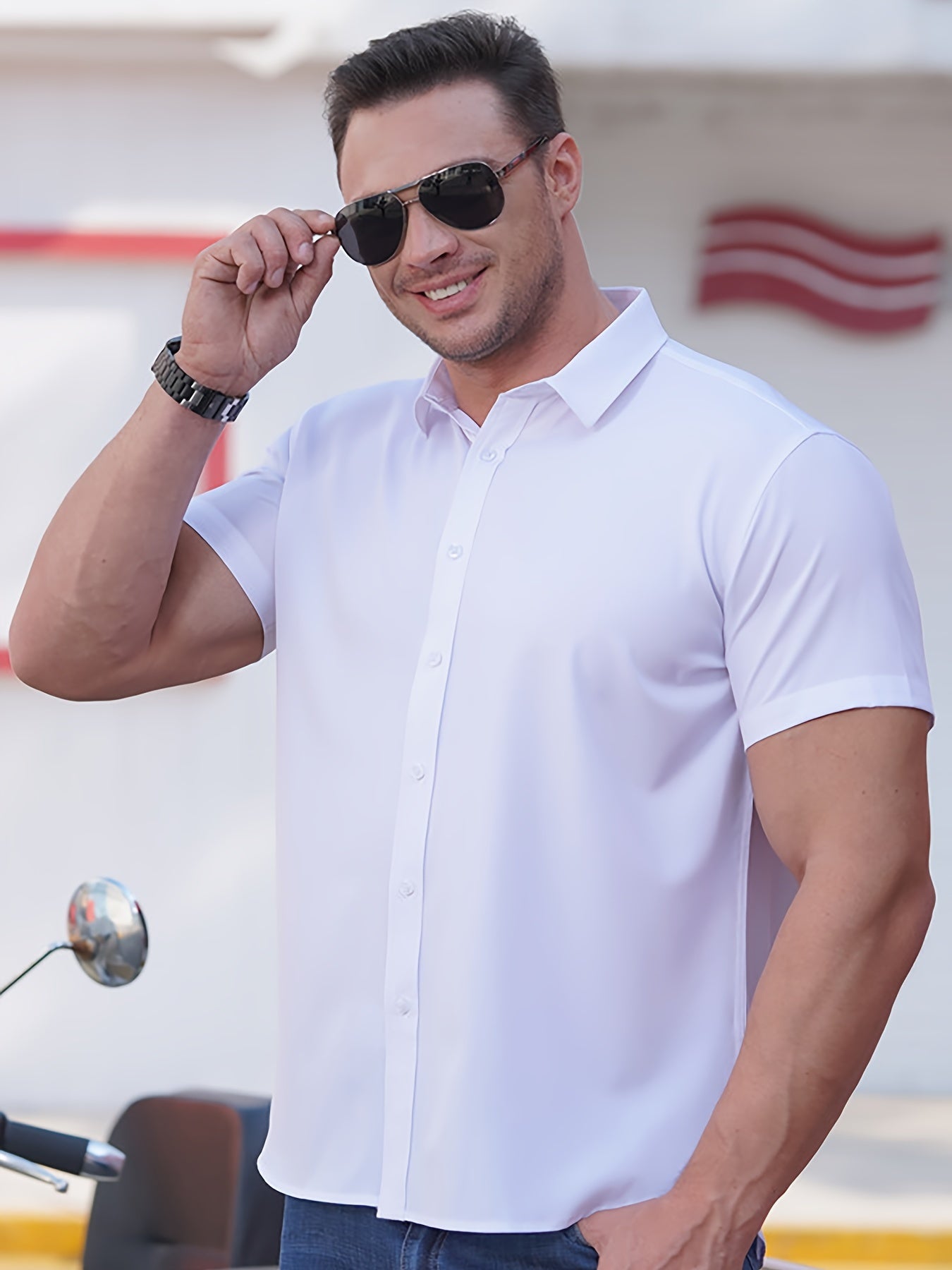 Men's Short Sleeve Lapel Collar T-Shirts In Solid Color,