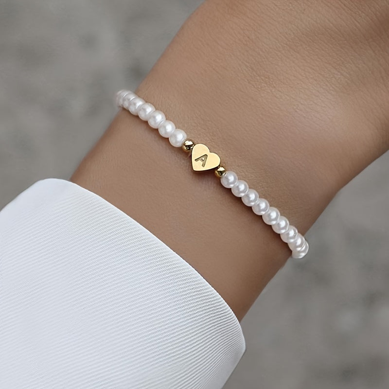 1pc Classic Initial A-Z Lettering Heart Faux Pearl Beaded Bracelet, Elegant Party Jewelry Birthday Gift For Teen Girls