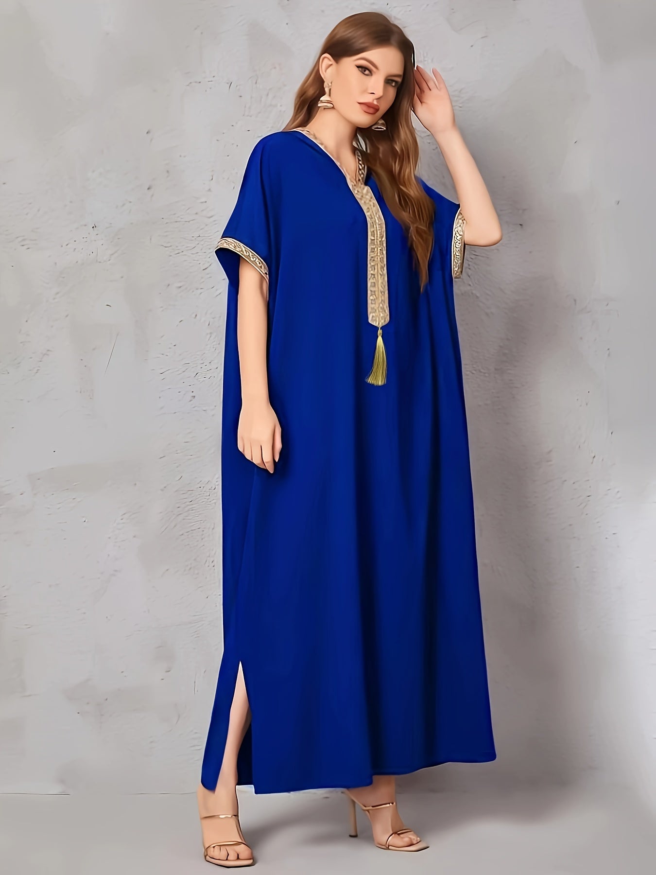 Contrast Trim V-neck Kaftan Dress, Elegant Batwing Sleeve ./MH