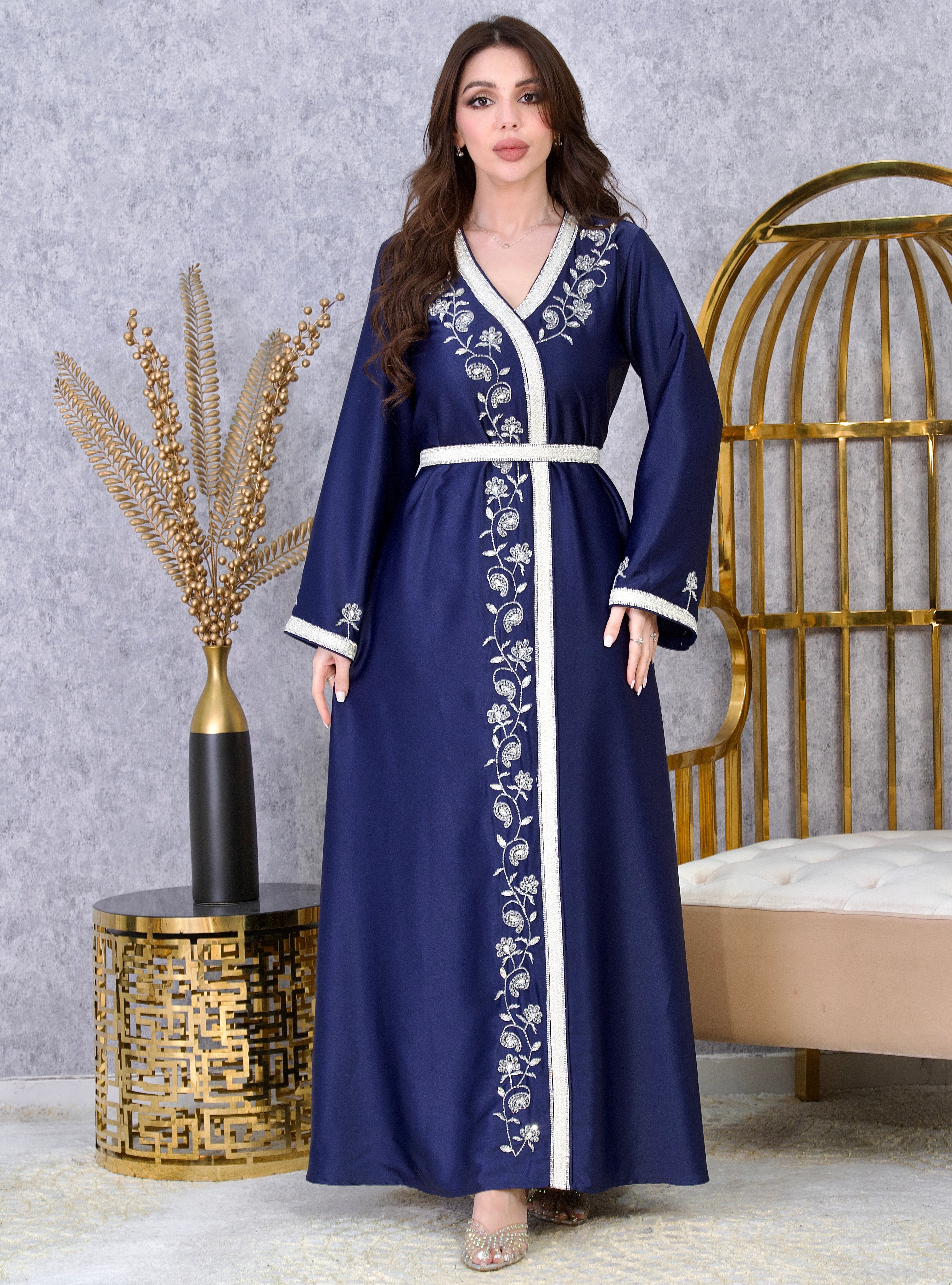 Crystal Embroidered Moroccan Caftan with Belt | Luxury Jalabiya Dress | 5 Colors | Sizes M-XXL | MH