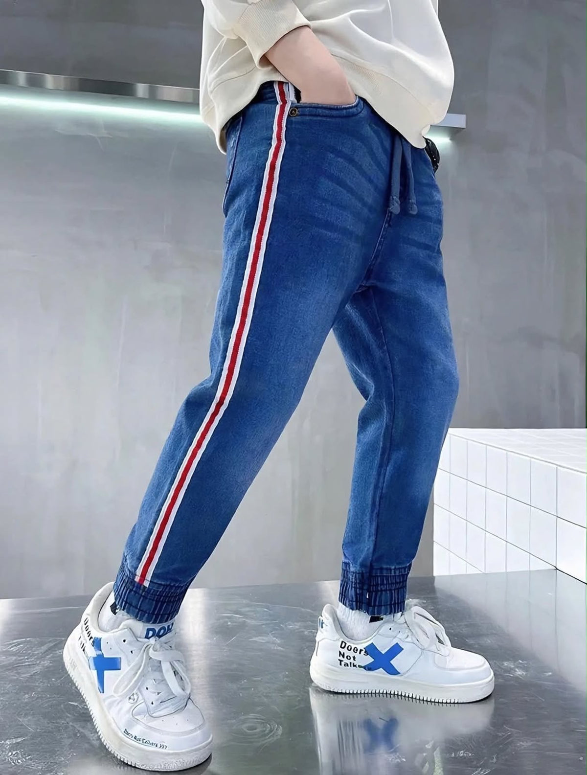 Boys' Denim Side-Stripe Jogger Pants – Soft Cotton Stretch Jeans (1–12 Years) I MH