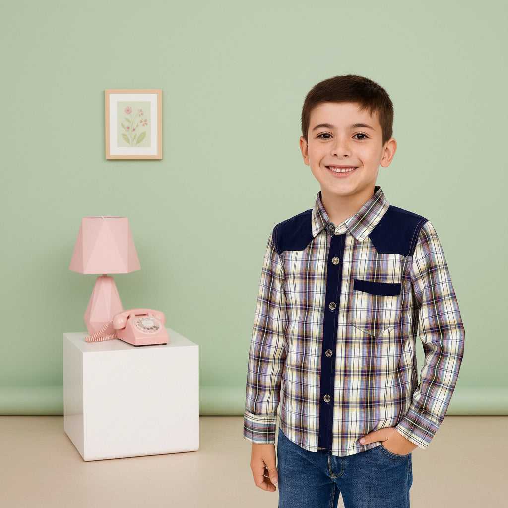 Boys’ Checkered Multi-Color Long Sleeve Button Up Shirt Plaid Contrast Shoulders | Sizes 2-12Years | MH