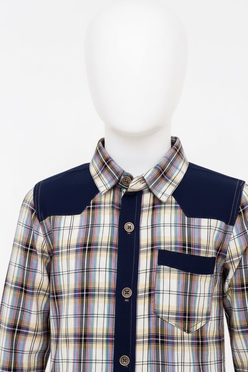 Boys’ Checkered Multi-Color Long Sleeve Button Up Shirt Plaid Contrast Shoulders | Sizes 2-12Years | MH