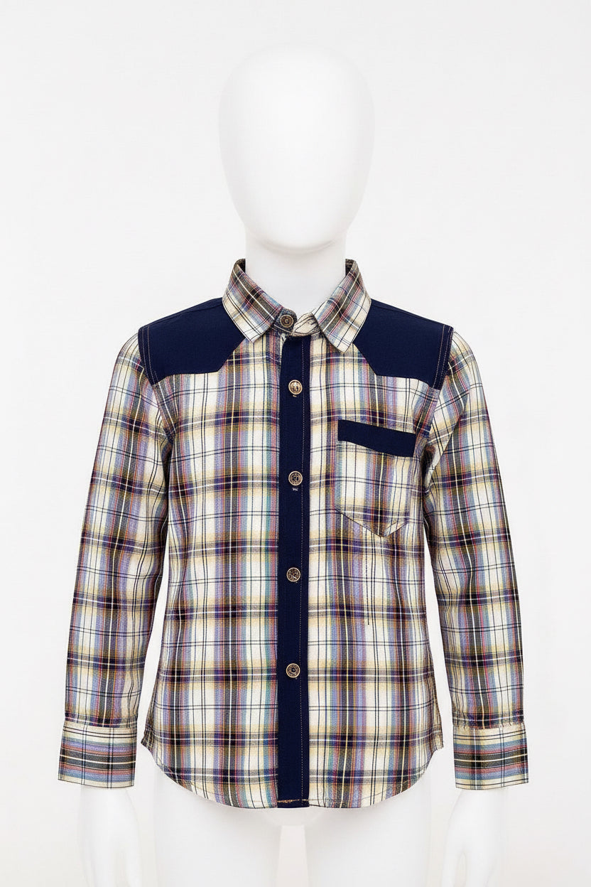 Boys’ Checkered Multi-Color Long Sleeve Button Up Shirt Plaid Contrast Shoulders | Sizes 2-12Years | MH