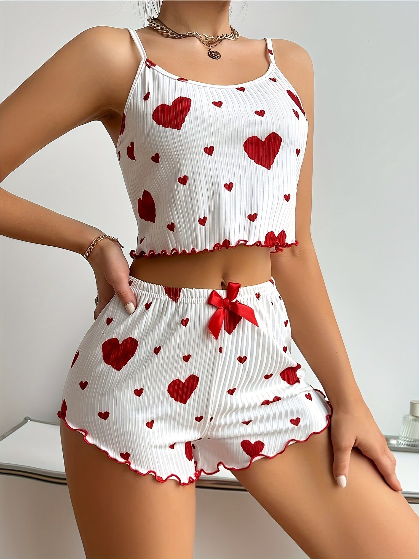 Women's Heart Print Sexy Ribbed Frill Trim Pajama Set, Round Neck Backless Crop Cami Top & Shorts, Comfortable Relaxed Fit, Summer Nightwear
