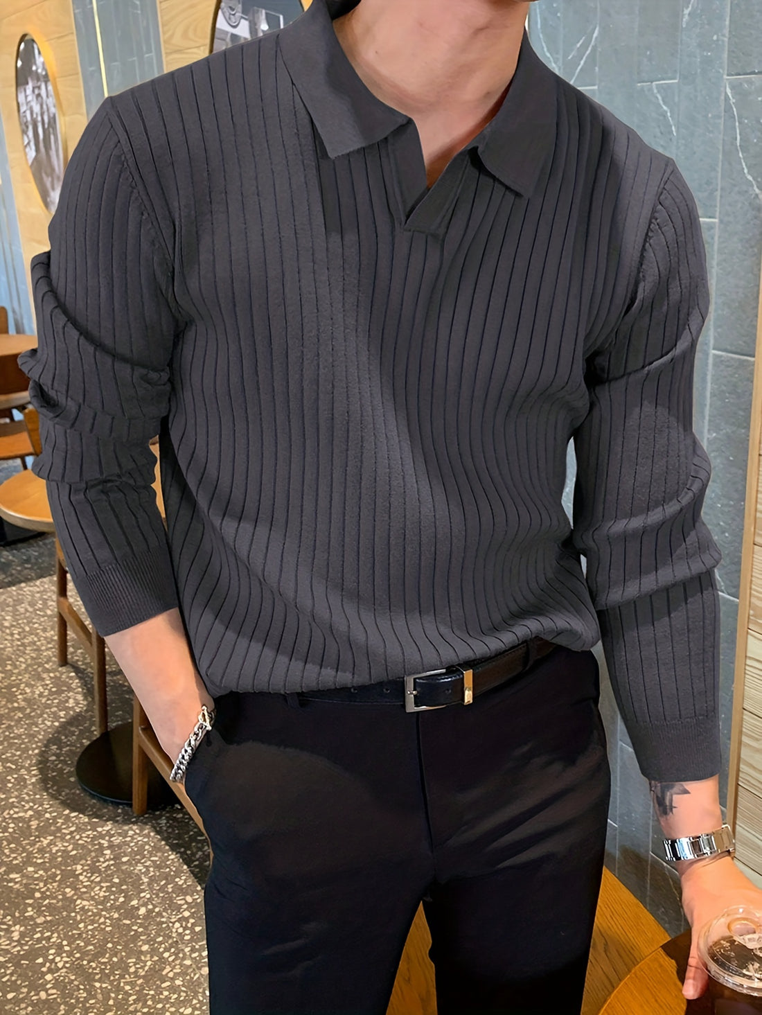 Chic Knit Shirt, Men's Casual Stylish Lapel Middle Stretch V-Neck .