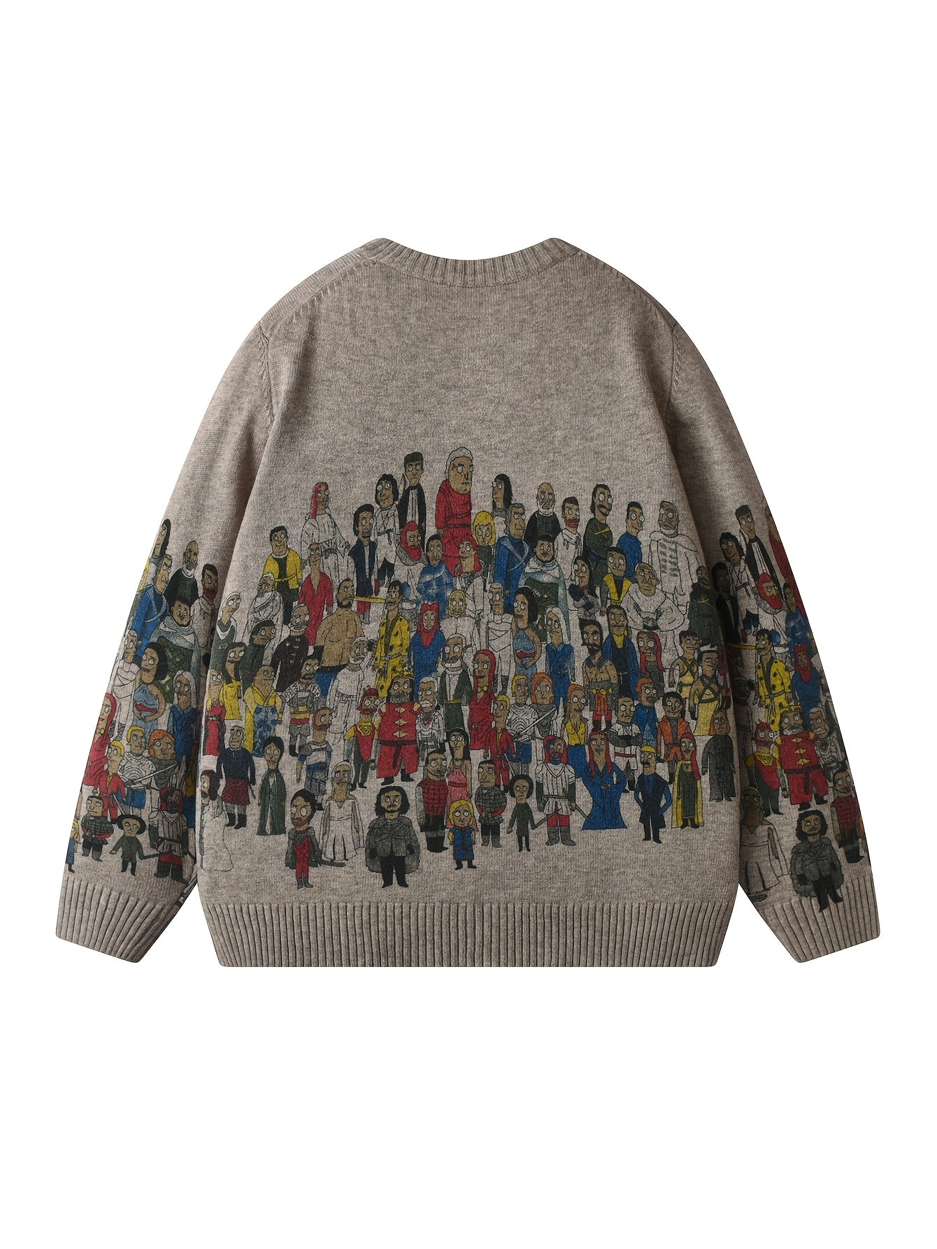 Men'S Cartoon Print Crew Neck Sweater, Casual Street Style Knit Pullover,