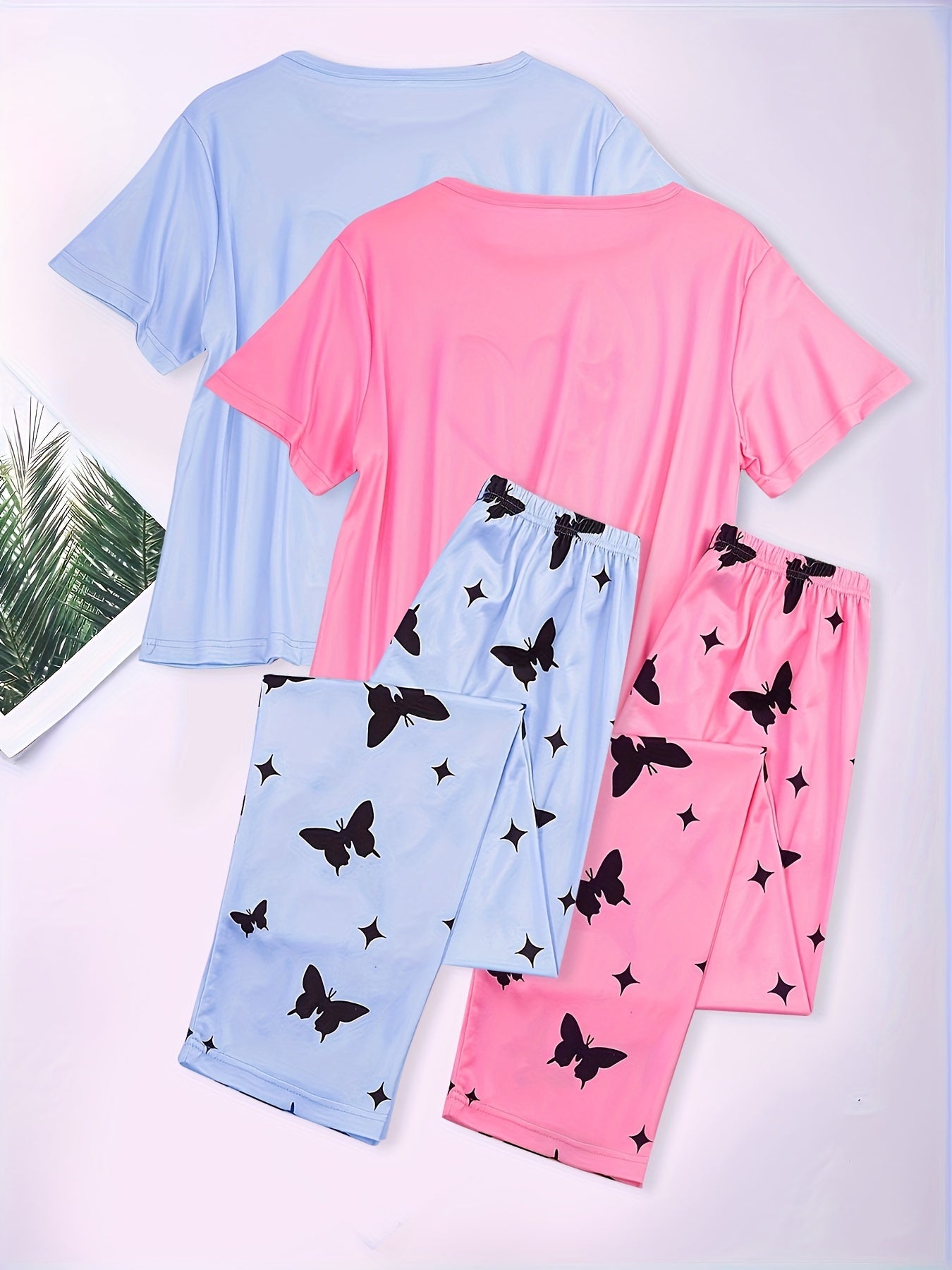 2 Sets Heart Print Pajamas Set, Short Sleeve Crew Neck Top & Butterfly Print Pants, Women's Sleepwear & Loungewear