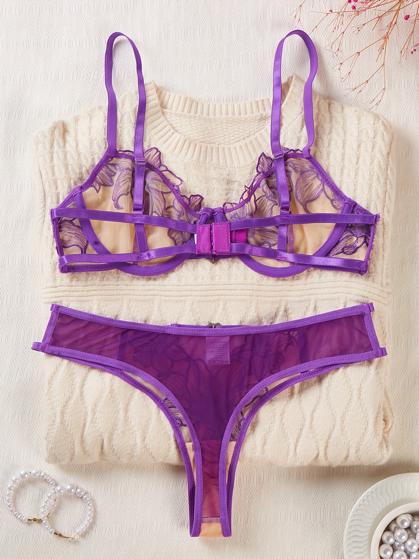 Sexy Floral Embroidery Lace Bra & Panty, Heart Ring Decor Bra'/MH