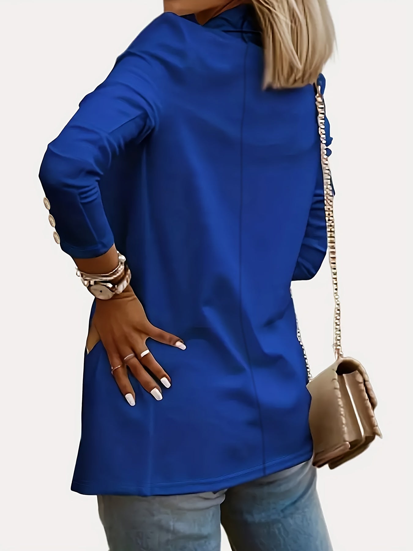 Solid Open Front Lapel Blazer, Elegant Button Decor Long Sleeve Blazer.