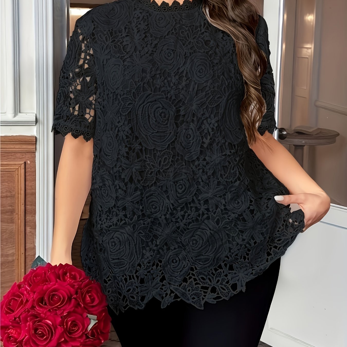 [Elegant Blouse] Elegant Green Lace Plus Size Blouse for Women |