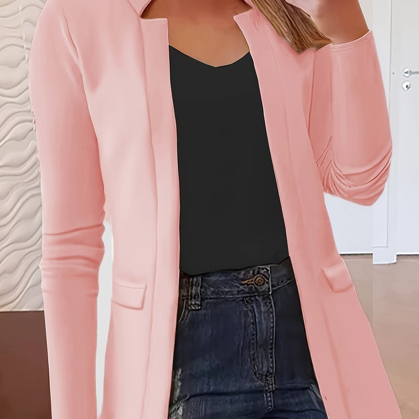 Solid Open Front Blazer, Casual Long Sleeve Blazer For Office,