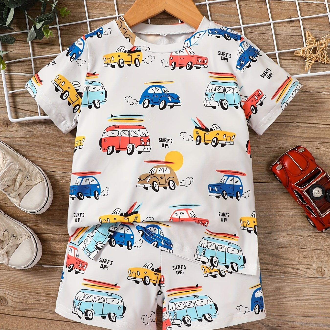 Car Full Body Print T-shirt & Elastic Waistband Shorts Set,