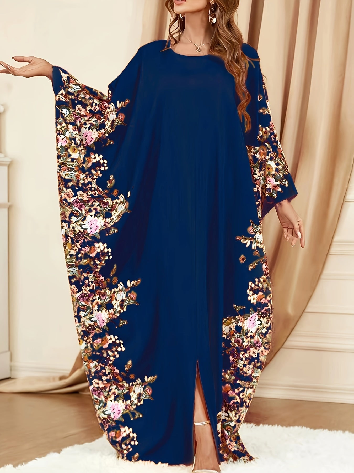 Floral Print Crew Neck Kaftan, Elegant Batwing Sleeve'/MH