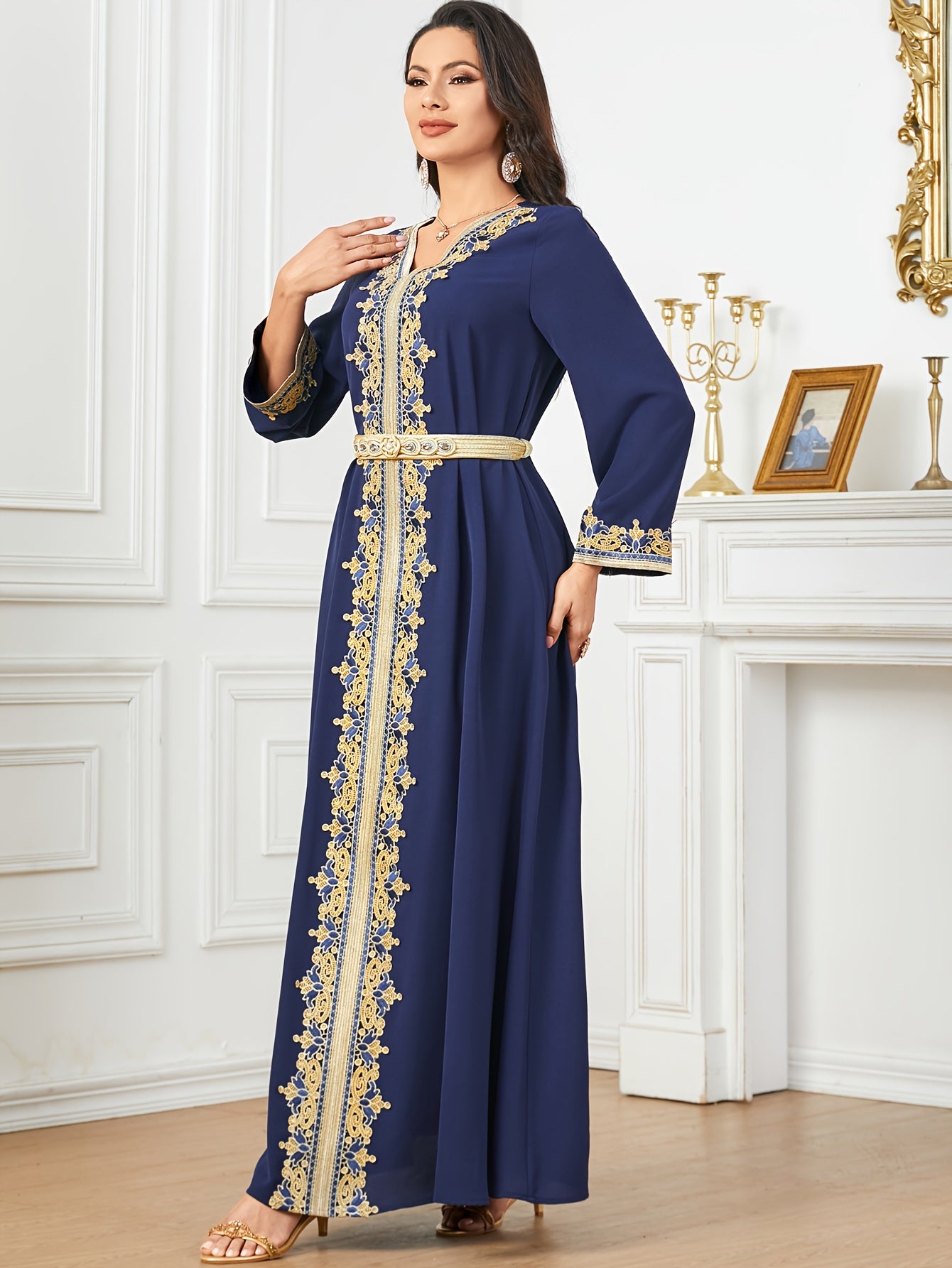Contrast Lace V-neck Kaftan Dress, Elegant Long Sleeve'/MH