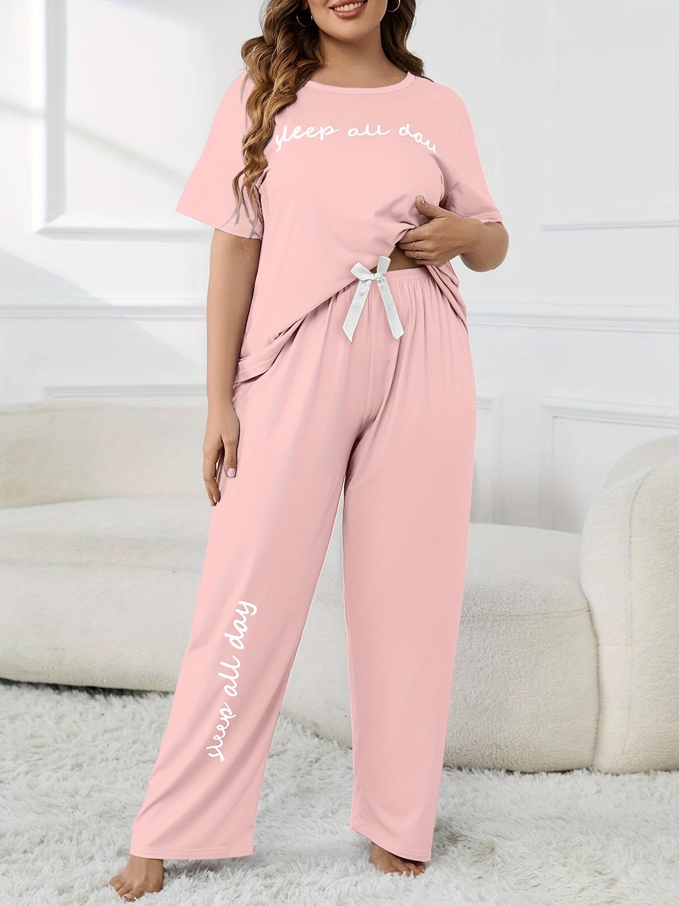 Plus Size Women's Cute Pajama Set, Plus Size Letter Print Short Sleeve Top and Pants Casual 2pcs, Plus Size Pajama Sets