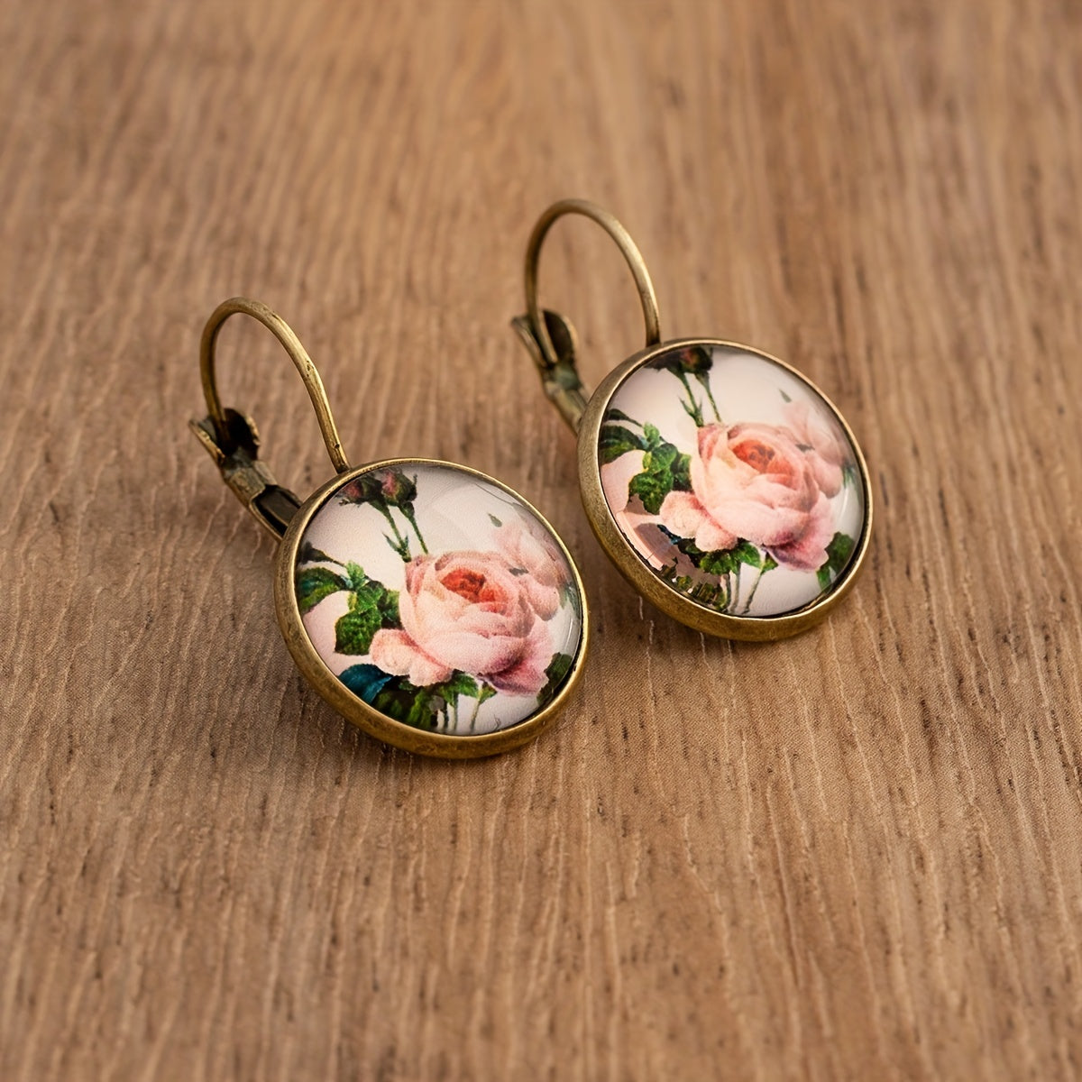 Rose Sunflower Print Retro Round Earrings Copper Jewelry Female Trendy Gift Daily Wear Accessories