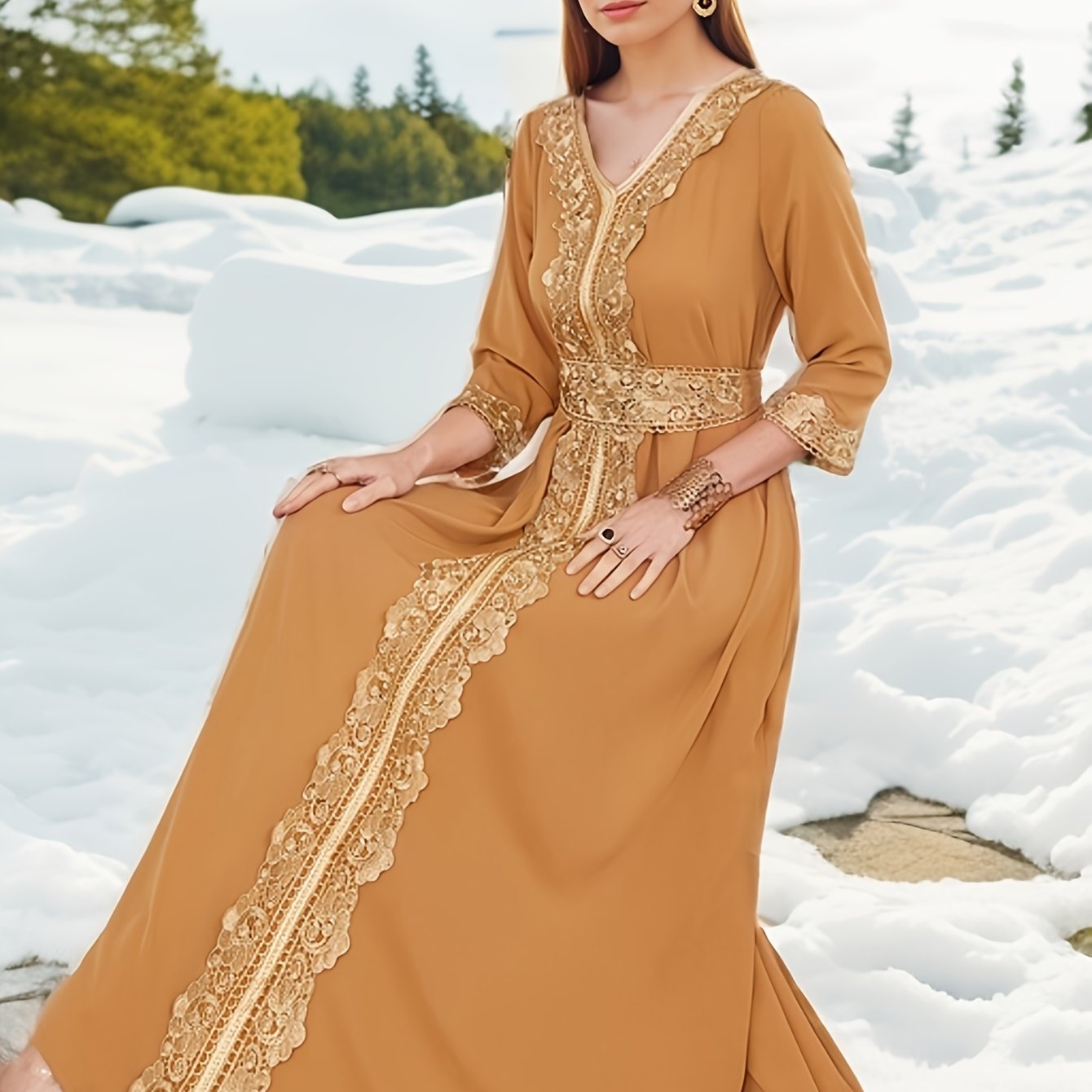 Ramadan Lace Trim V Neck Kaftan, Elegant Long Sleeve 'MH